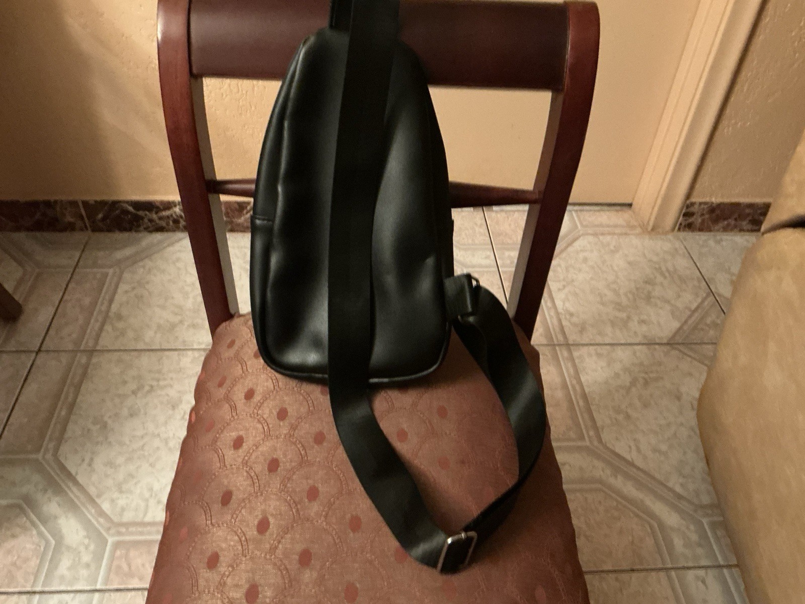 Women’s Small Black Crossbody Sling Bag, Adjustable Strap, Zip, Silver Hardware
