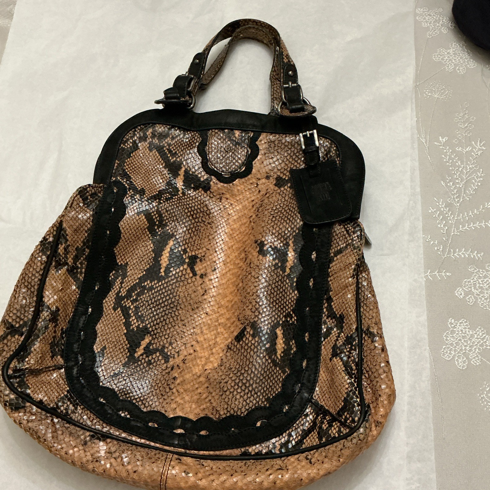 Anna Sui Snake Print Satchel Top Handle Brown/Black Purple Lining Zip Pockets