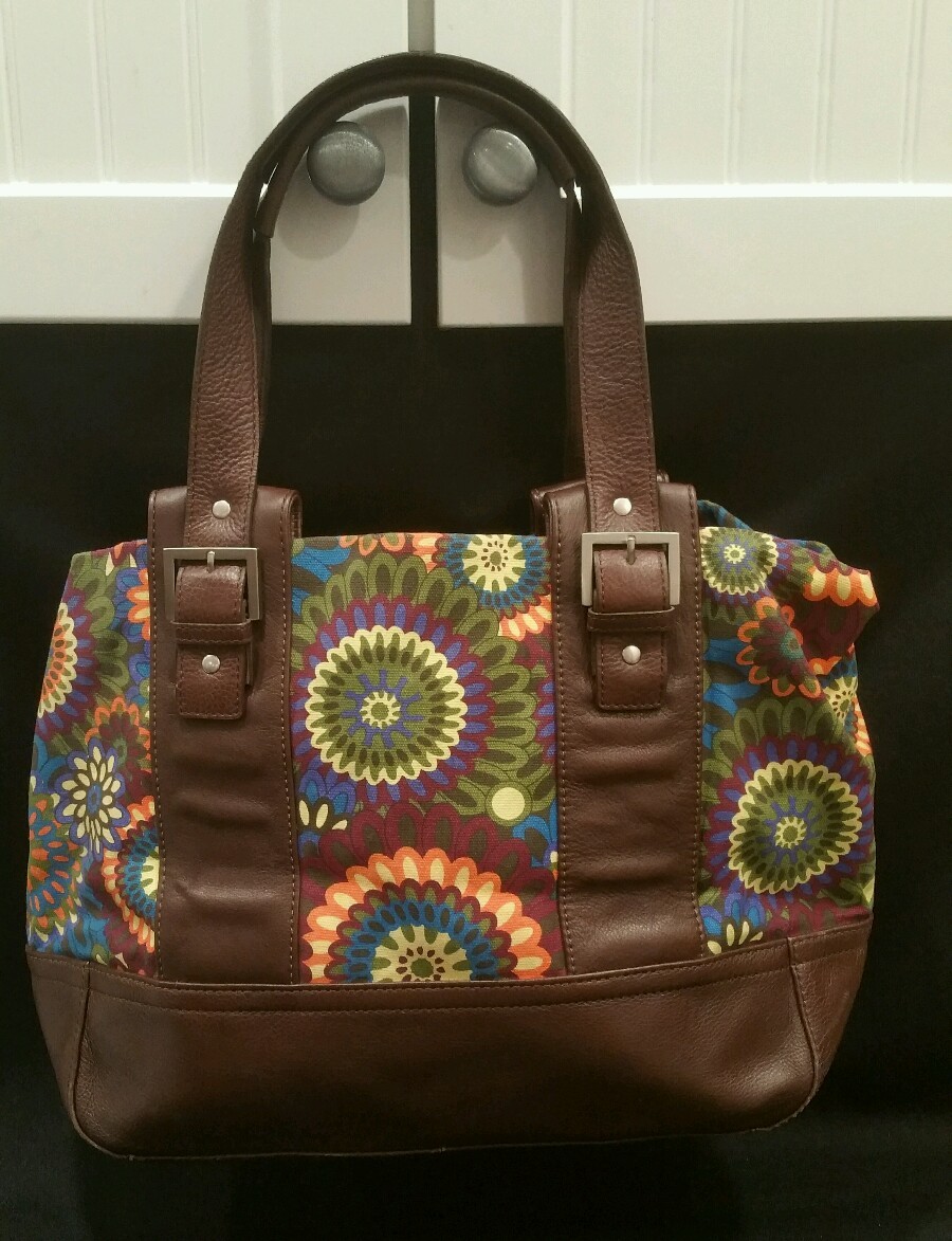 Audrey Brooke Canvas w/ Leather Trim Floral Geomtric Satchel Tote- EUC