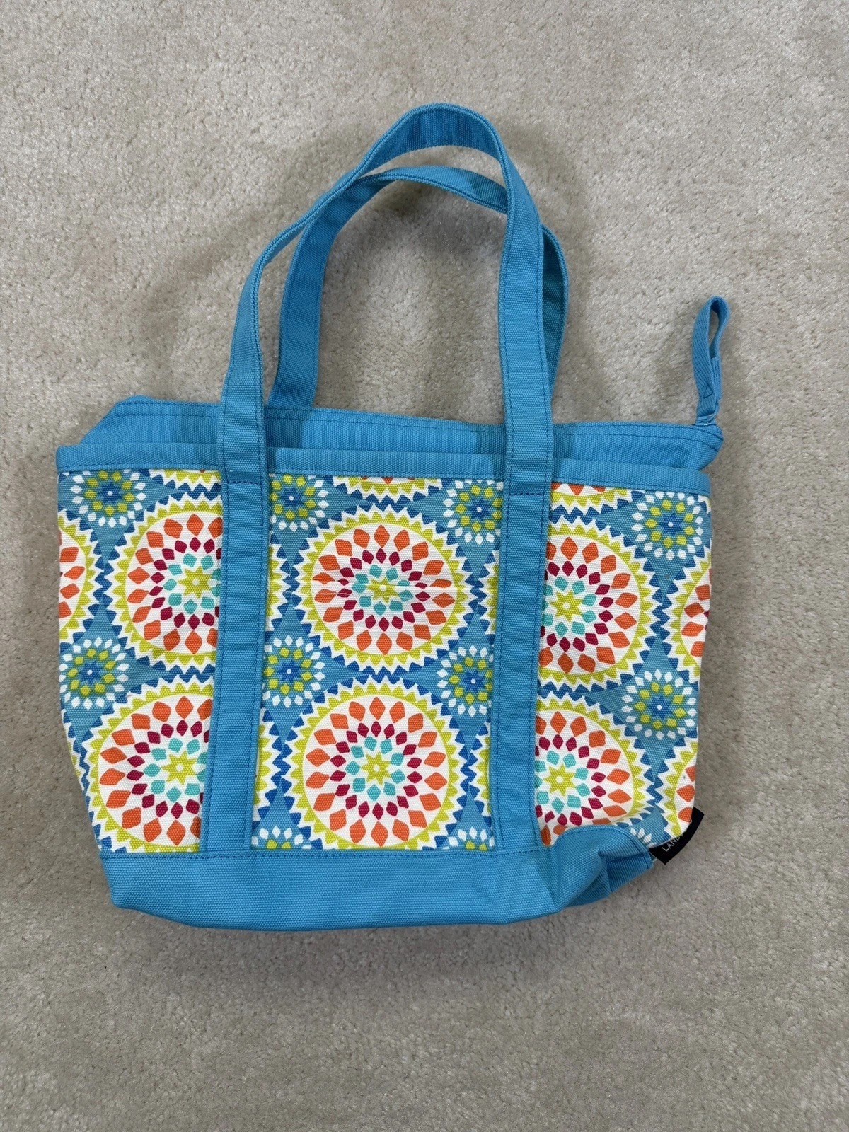 Lands End Canvas Boat Tote Zip Top Small Bag Bright Blue Geometric Print Purse