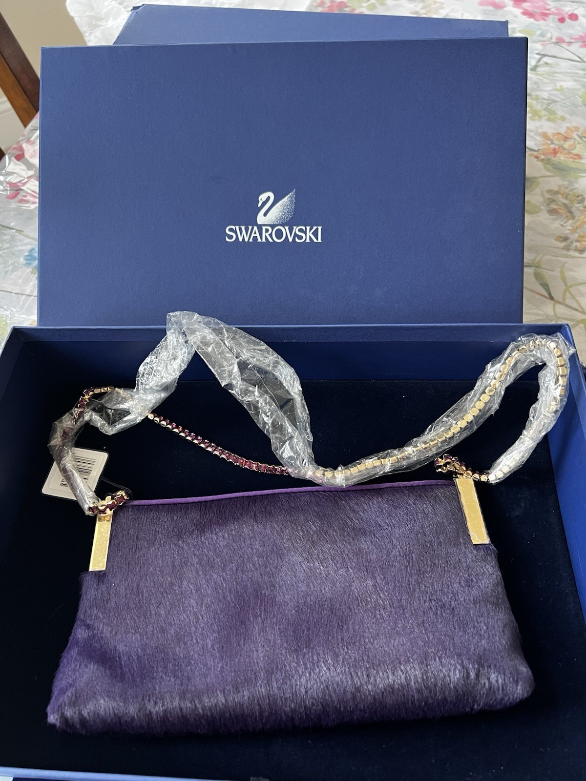 Swarovski Purple Busy Evening Bag Crystal Strap Gold Tone Magnetic Clutch