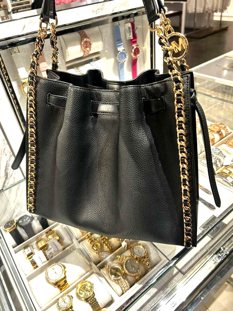 Michael Kors Mina Women Large Fashion Purse Tote Shoulder Handbag Black Gold MK