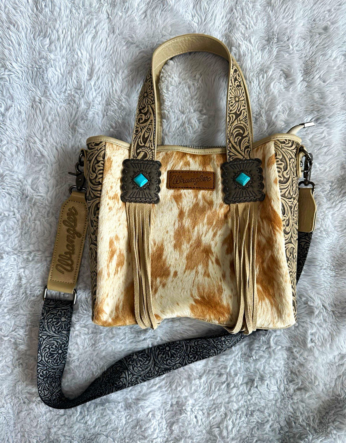 Wrangler Beige Brown Cowhide Print Satchel, Zip Closure, Pockets