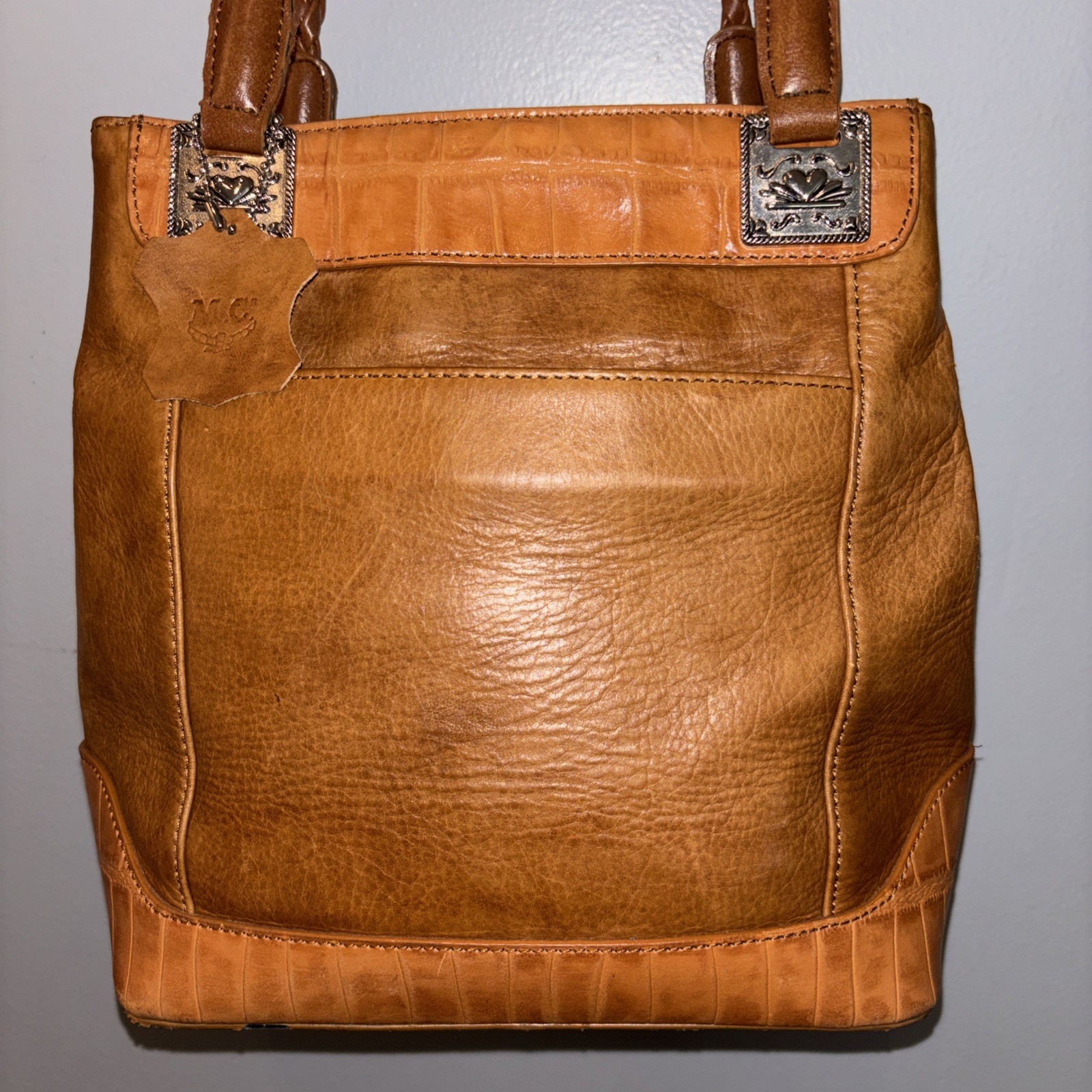 M.C. Boho Leather Shoulder Bag Tan Cognac Braided Handle Silver Medallions