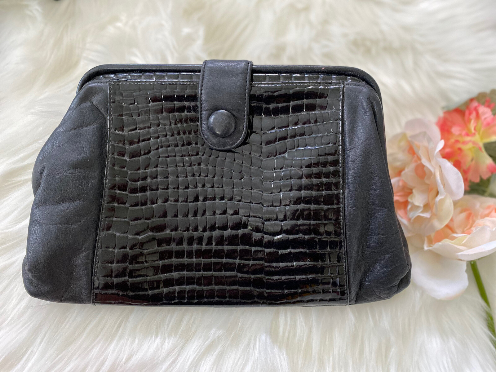 Vintage Jennifer Moore Black Patent Leather Clutch Reptile Print Quality Bag EUC