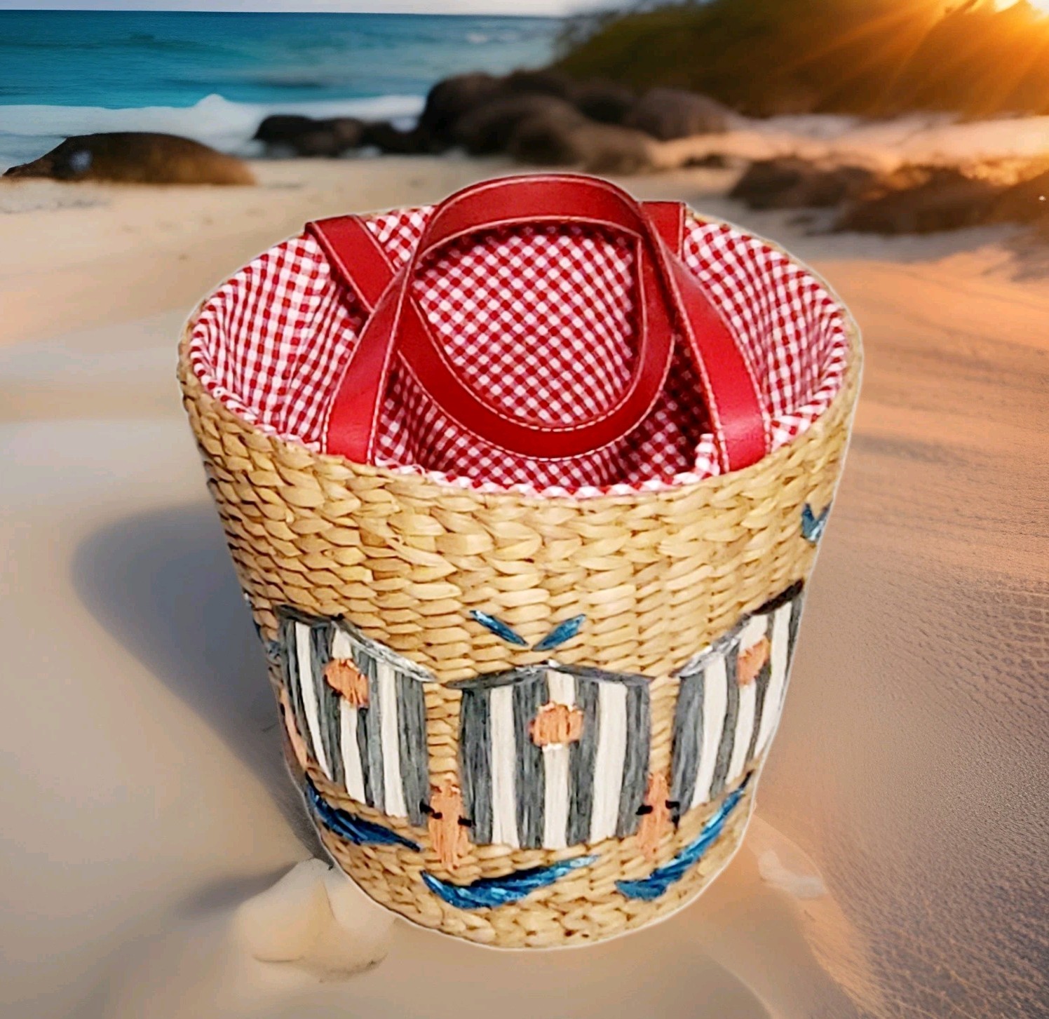 Beachy Boho Raffia Straw Woven Purse Tote Basket Red White Handles/Lined Vtg