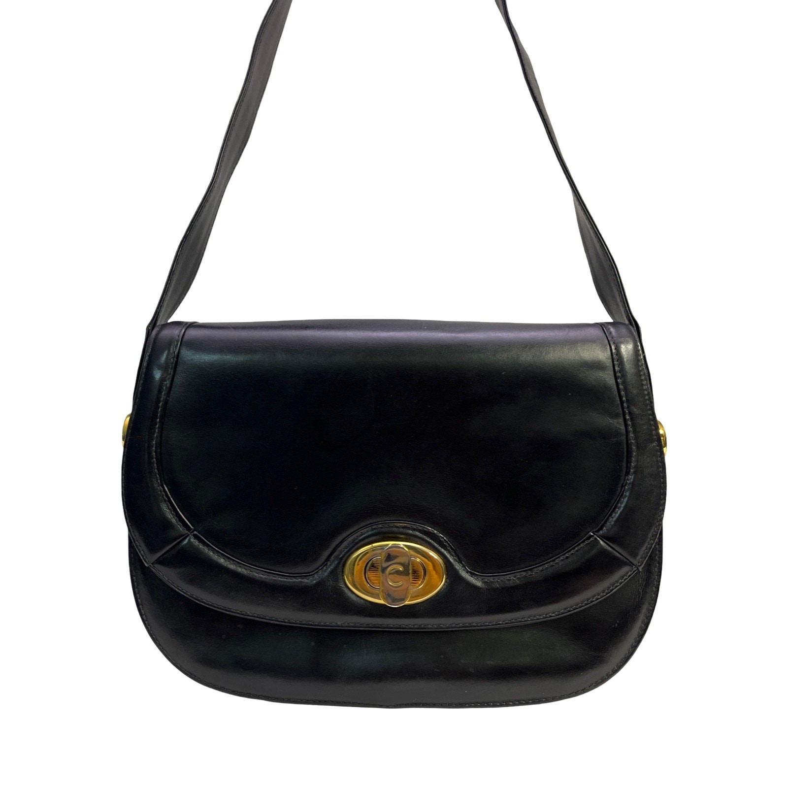 Celine Vintage Black Leather Crossbody Shoulder Bag C Turn Lock Made Italy