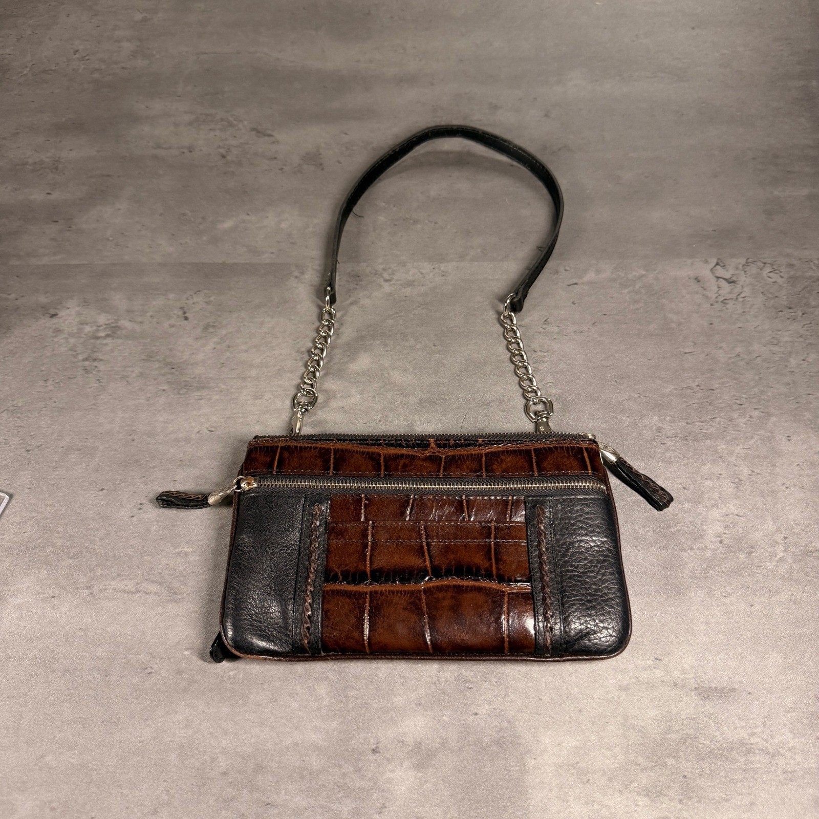 Chic Brown Black Leather Crocodile Embossed Chain Strap Shoulder Bag