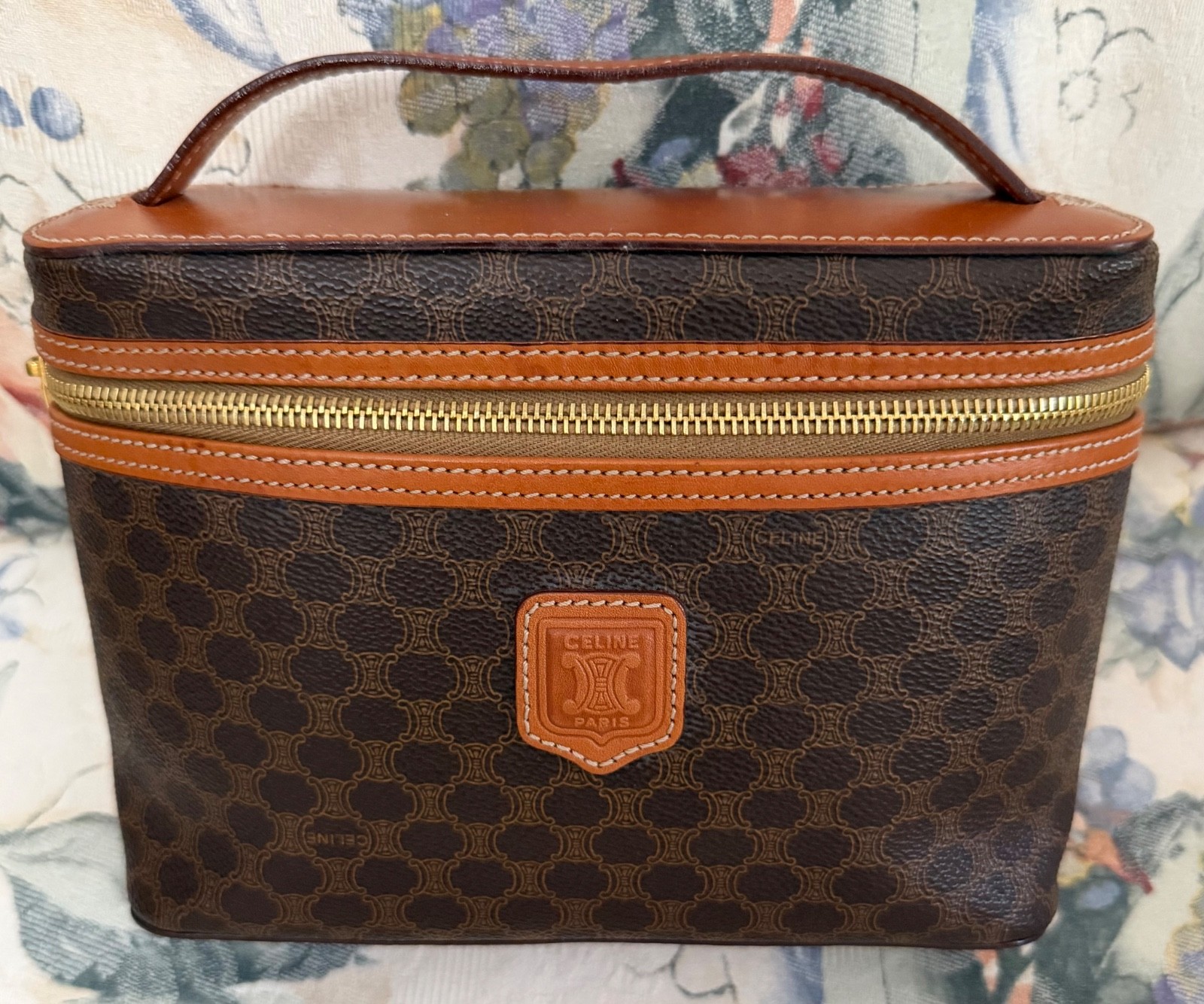 CELINE Macadam Cosmetic/Toiletry Bag Brown PVC/Leather