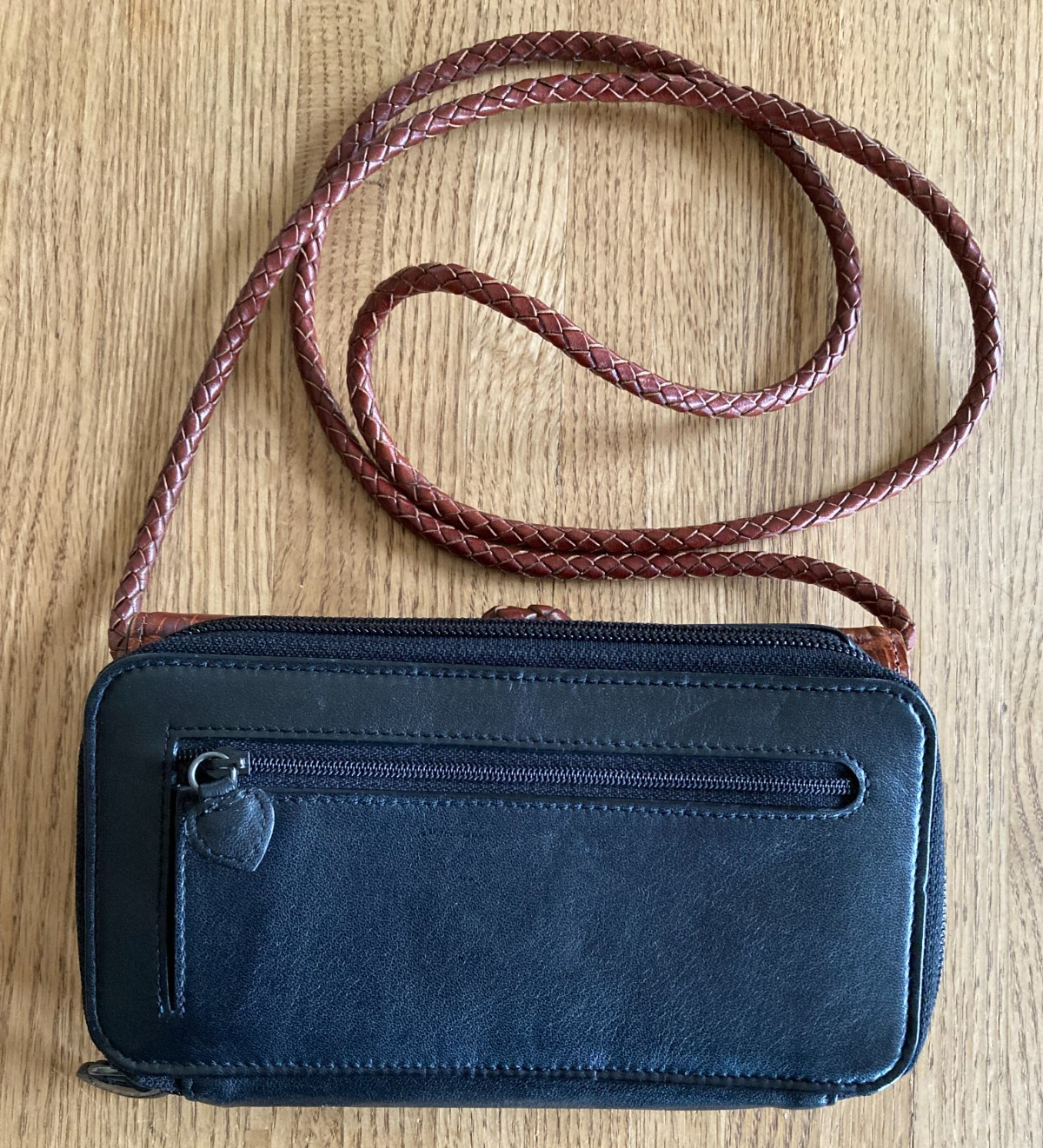 Brighton Black Brown Embossed Leather Flap Snap Zip Crossbody Clutch Organizer