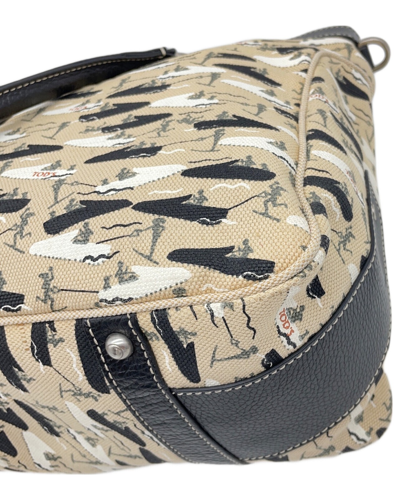 Tods Beige Canvas Leather Tote Boat Waterski Print Outer Pockets Sport Bag