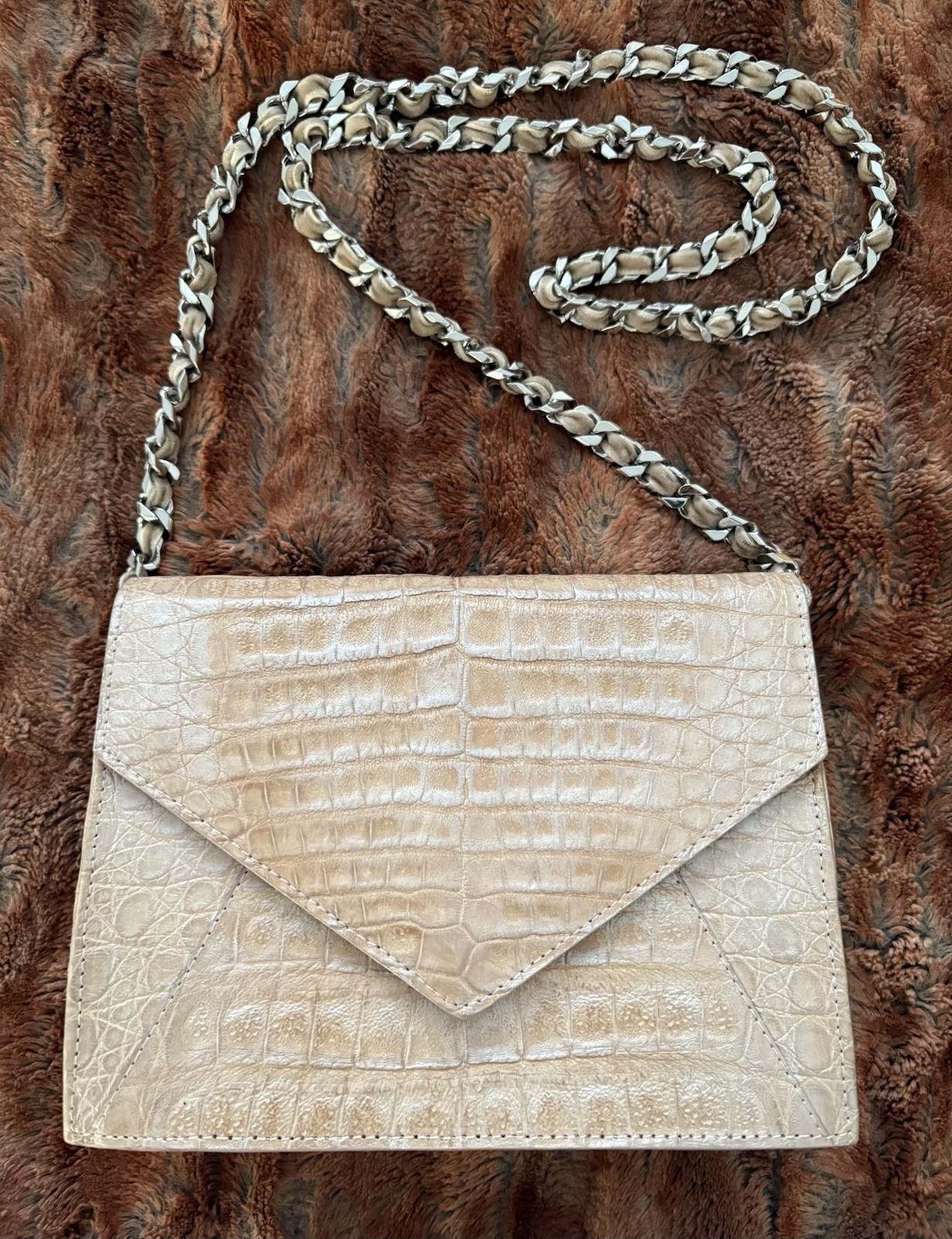 Judith Leiber COUTURE Caiman Croc Chain Handbag Beige Metallic Bag Purse