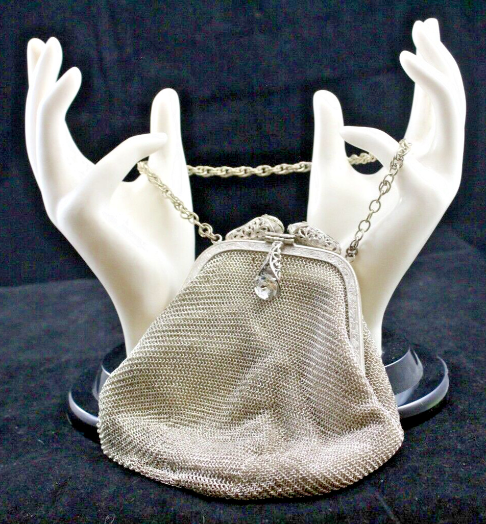 Antique 1945-’55 Silver Mesh U.S. Zone Germany Evening Bag Jeweled Purse NICE