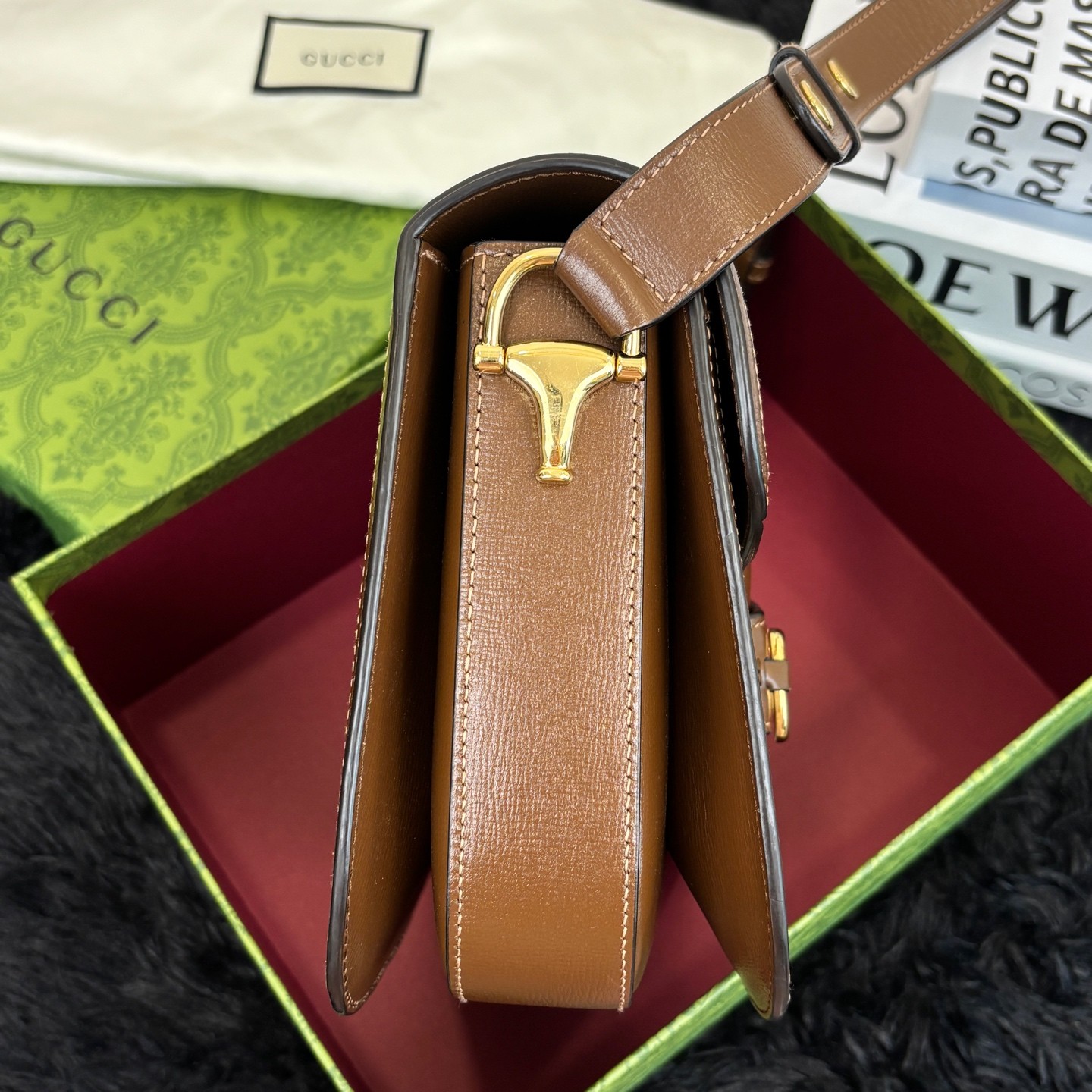 Gucci 1955 Horsebit Normal Size Beige Brown GG Canvas Calfskin Shoulder/Crossbod