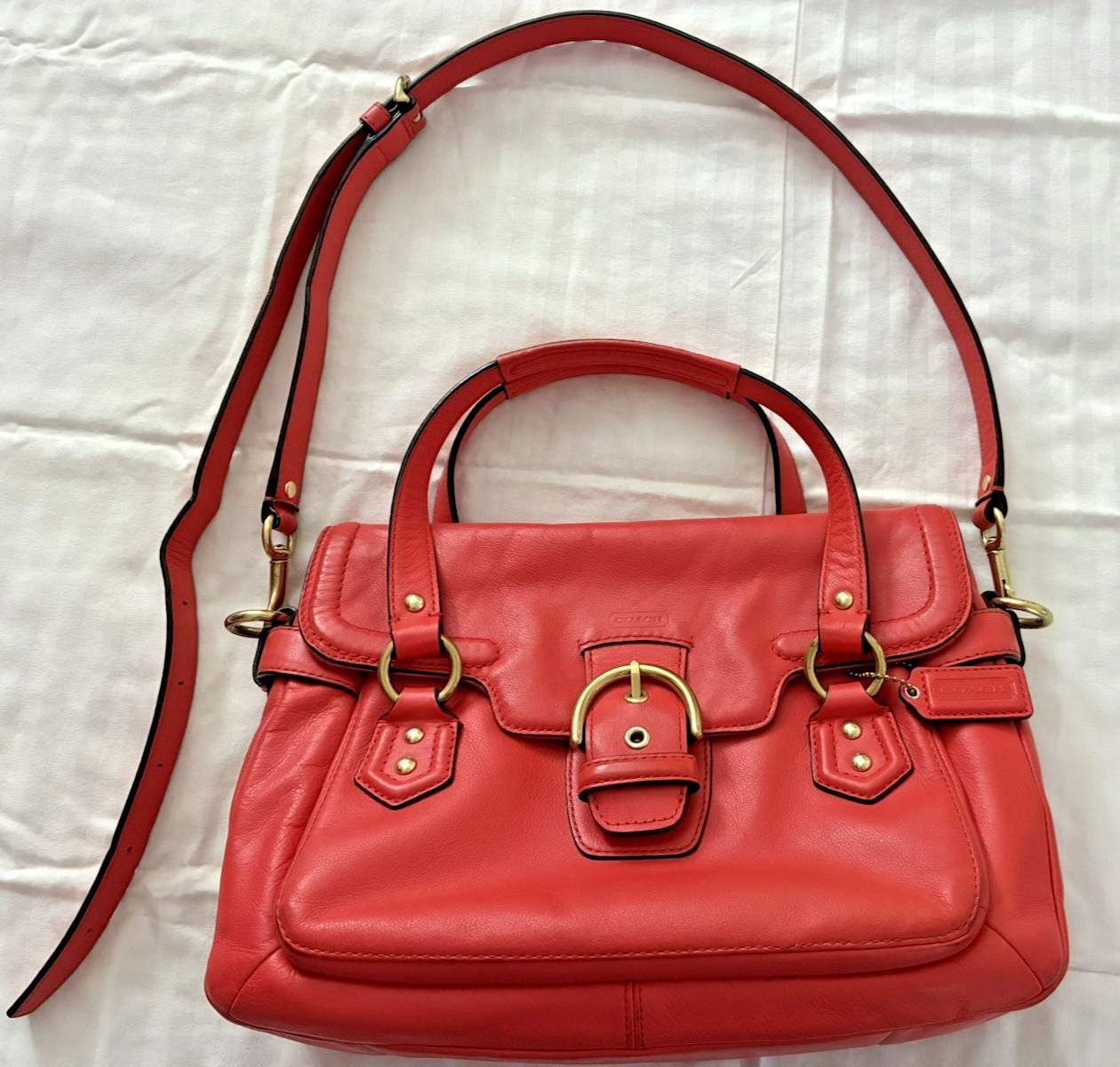 Coach Campbell Red/Orange Coral Leather Satchel Crossbody Bag Purse -F27231