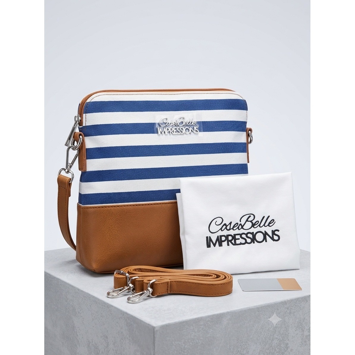 CoseBelle Impressions Blue White Striped Canvas Crossbody Bag Tan Vegan Leather