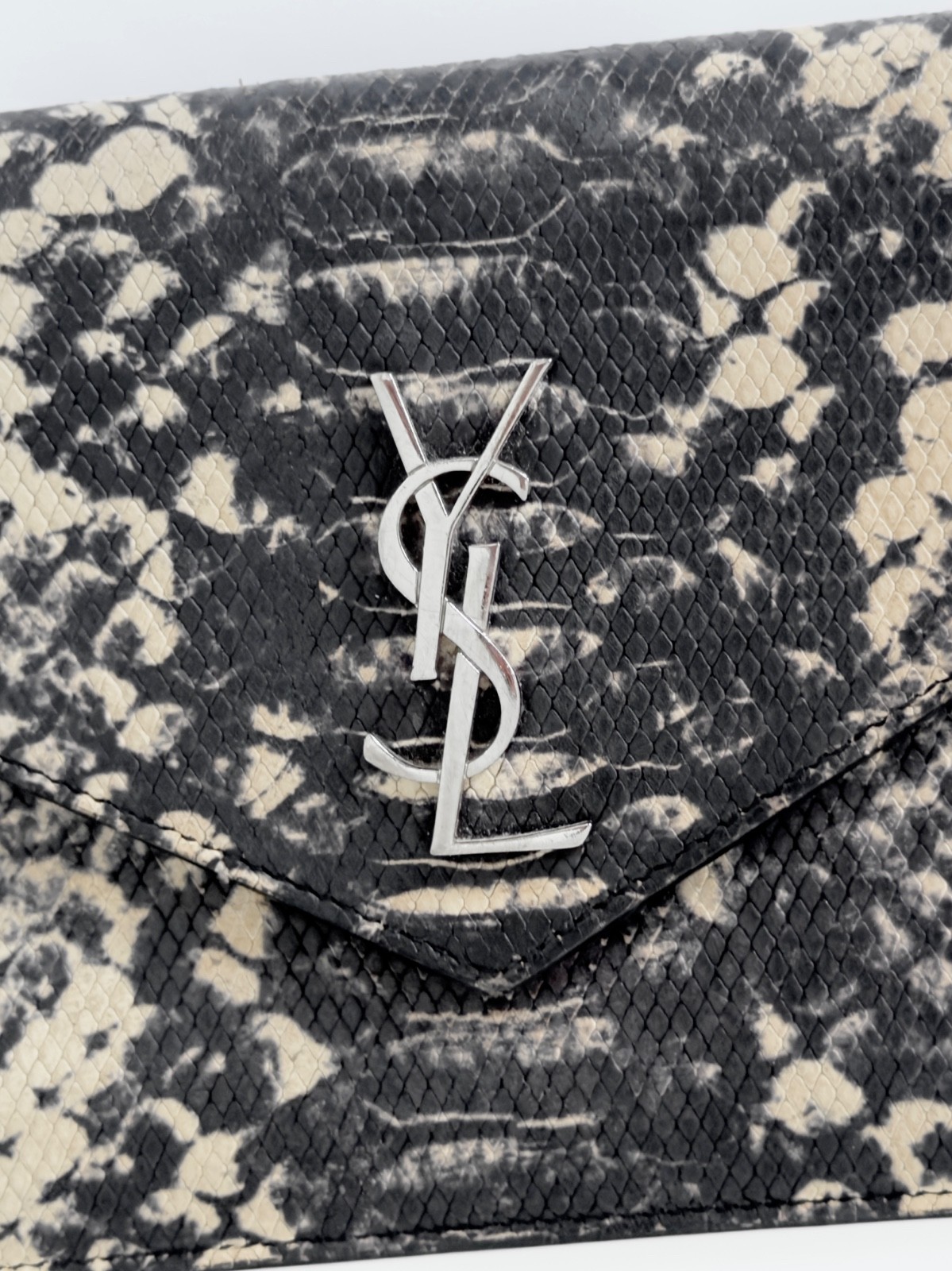 Saint Laurent Monogram WalletonChain, Embossed Python on Leather Black/White/Tan