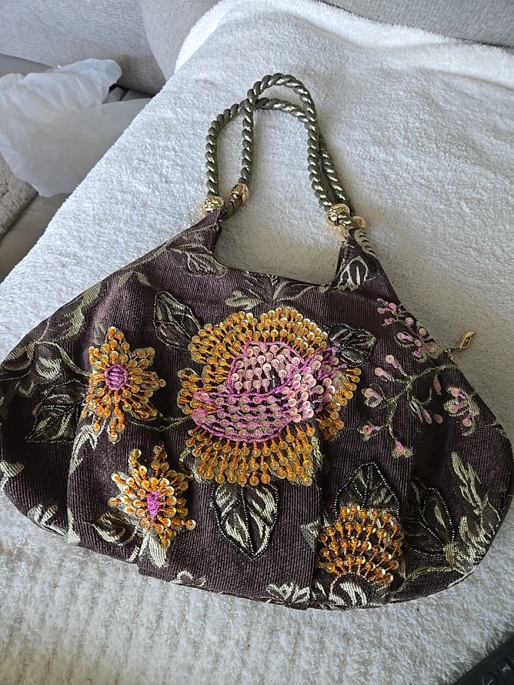 Vintage Boho Embroidered Floral Sequin Hobo Bag Brown Velvet Rope Handle Shabby
