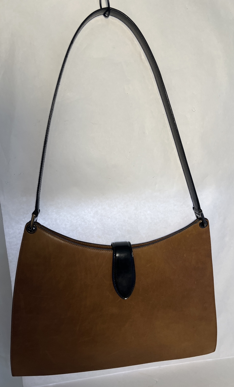 Bally Brown Leather Shoulder Bag Black Patent Leather Straps and Closure VTG SEE