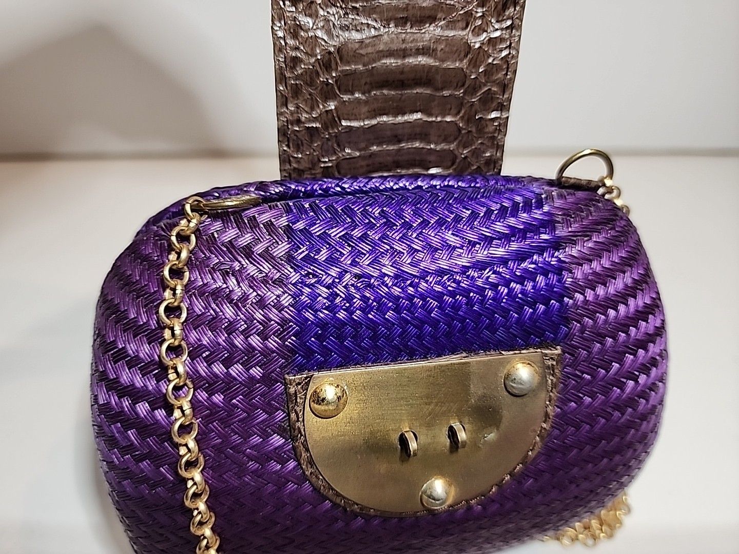 Kotur Snakeskin Purple Clutch Evening Bag With Brass Lock Clasp gold Tone Chain