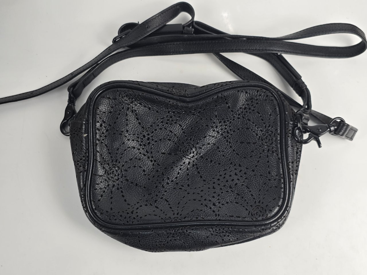 Foley + Corinna Crossbody Camera Bag Perforated Leather Black Logo Lining
