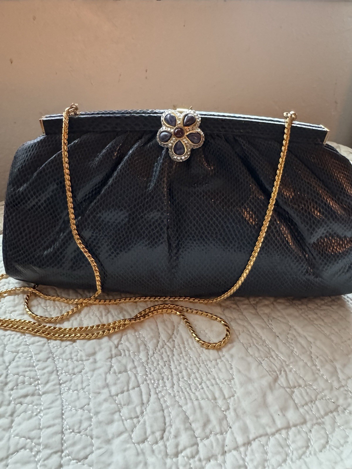RARE vintage Judith Leiber Evening Purse Snakeskin Ornate Stoned Floral Clasp