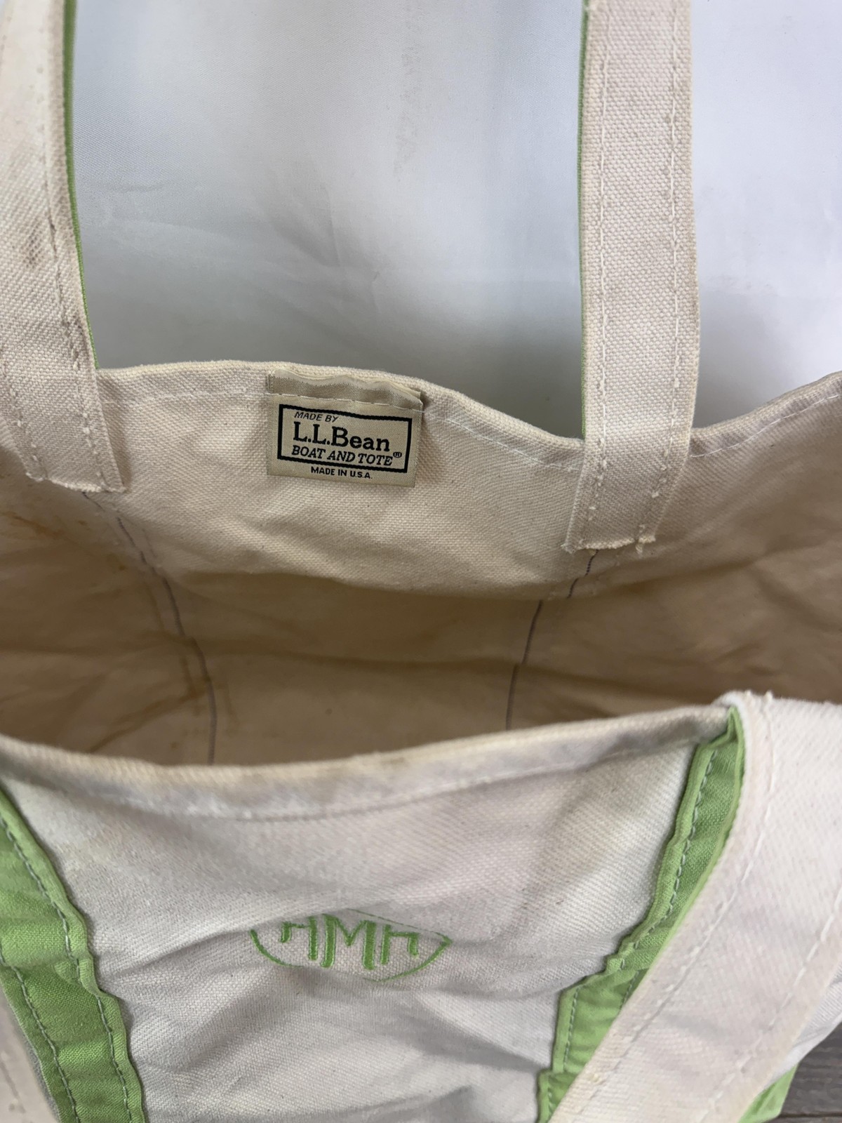 L.L. Bean Boat And Tote Bag Womens Large Beige Green Canvas Monogram Made In USA