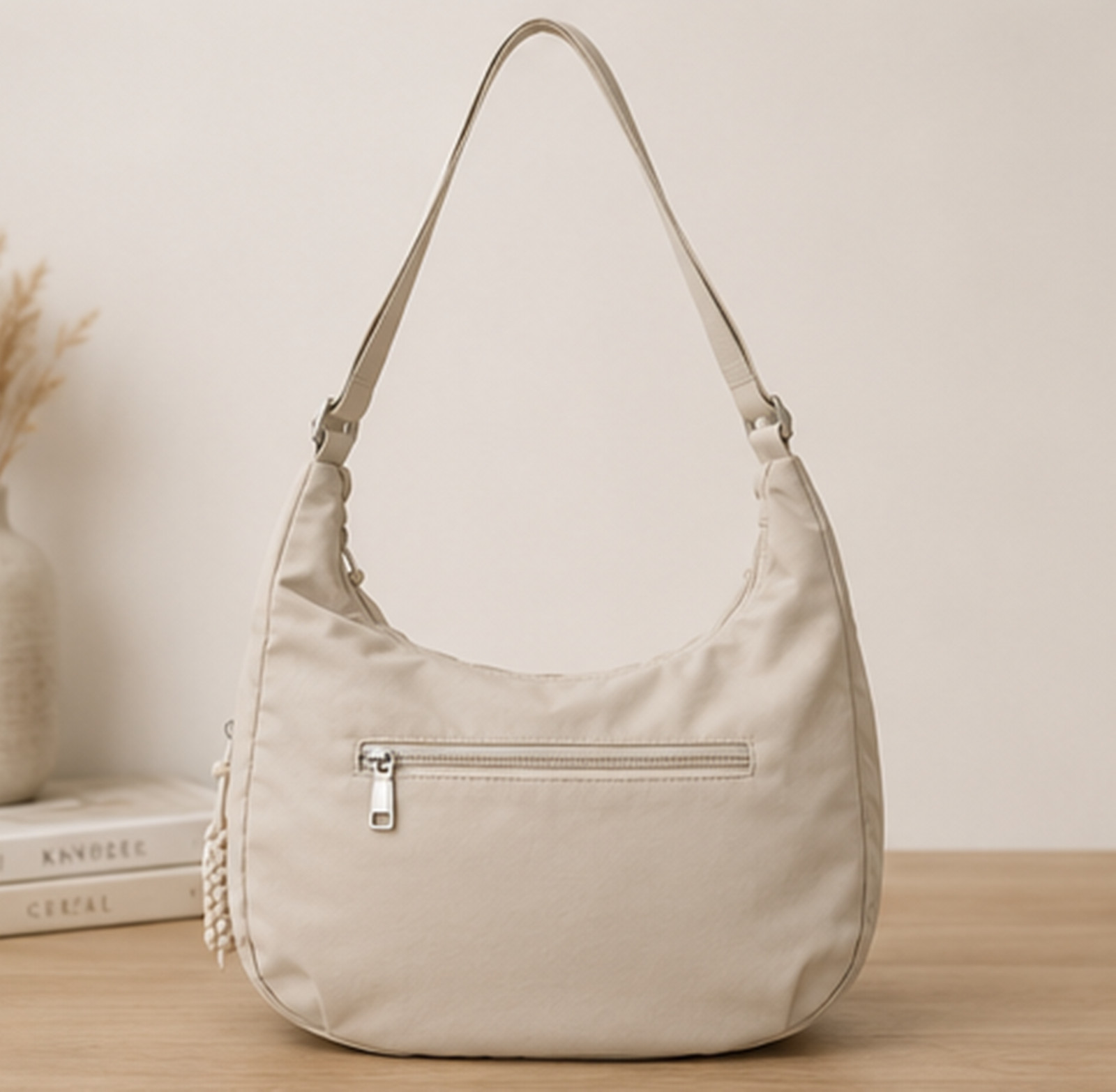 Beige Minimalist Bag, Neutral Half Moon Shoulder Bag