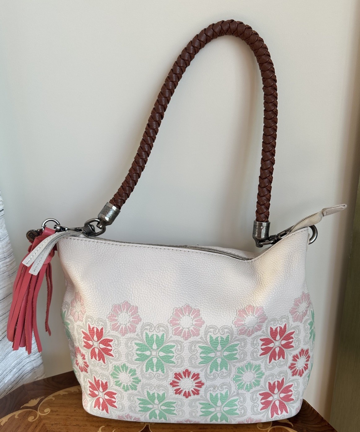 The Sak Indio Ivory Floral Butter Soft Leather Shoulder Bag W/Fringe Decoration