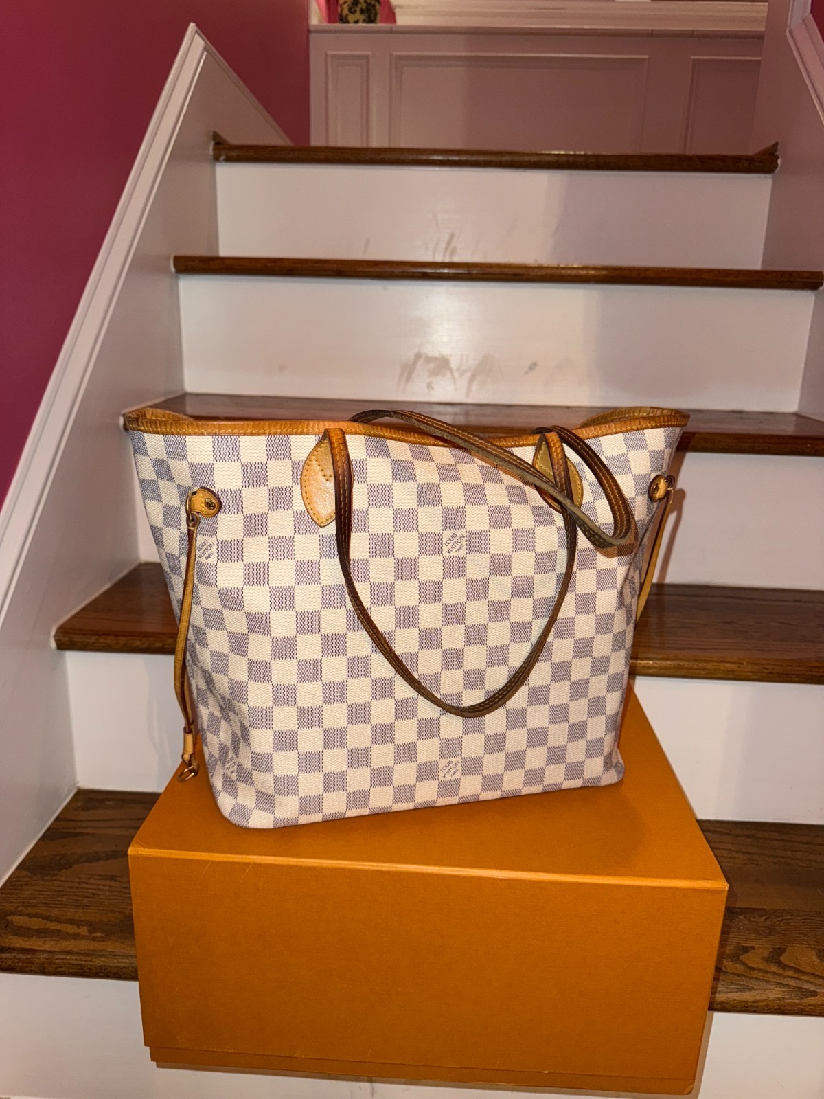 Louis Vuitton Neverfull Damier Azur White Gray Medium Tote Bag w/ Pouch