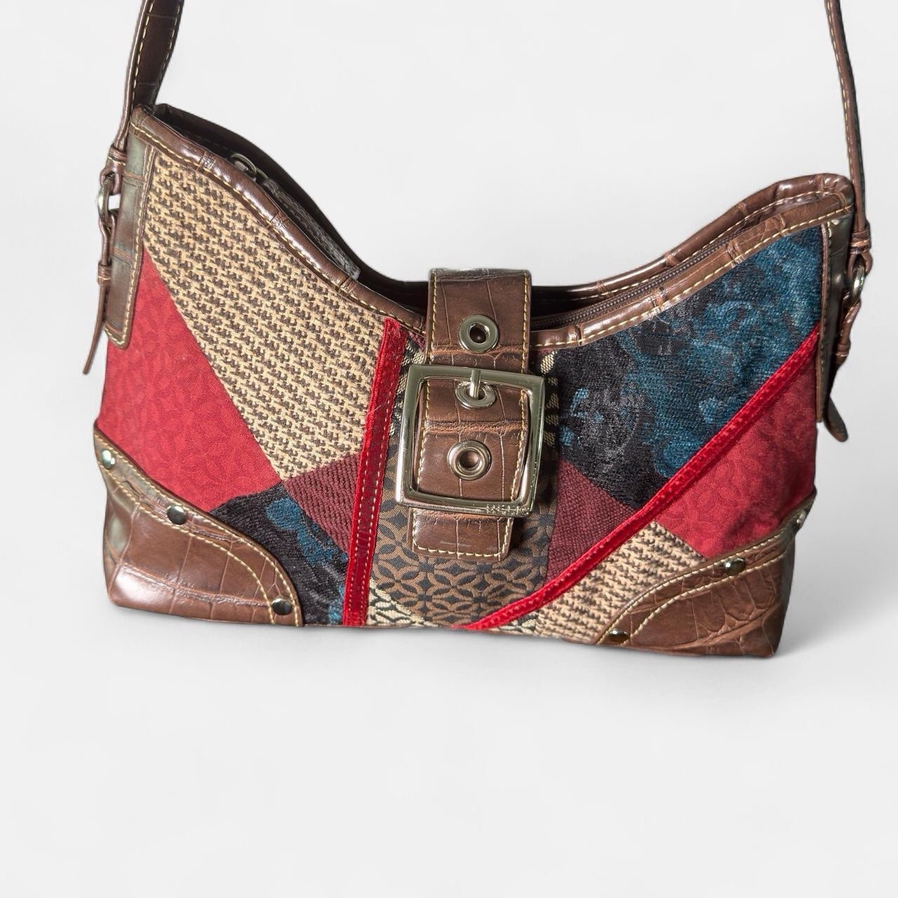 Y2K patchwork leather purse -red, burgundy, tan, blue & brown