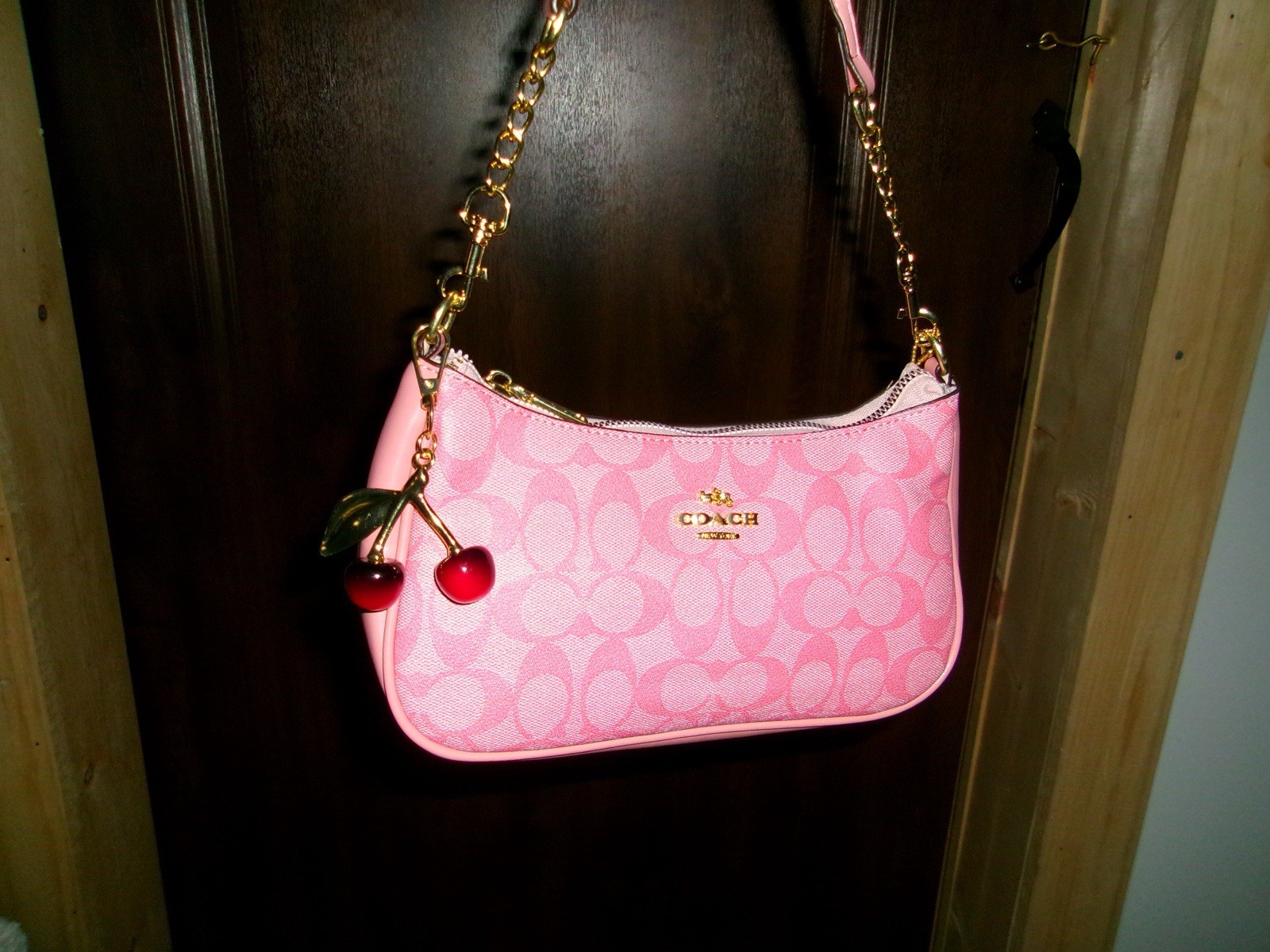Coach Pink Logo Small Crescent Shoulder Bag Gold Chain Strap Cherry Charm