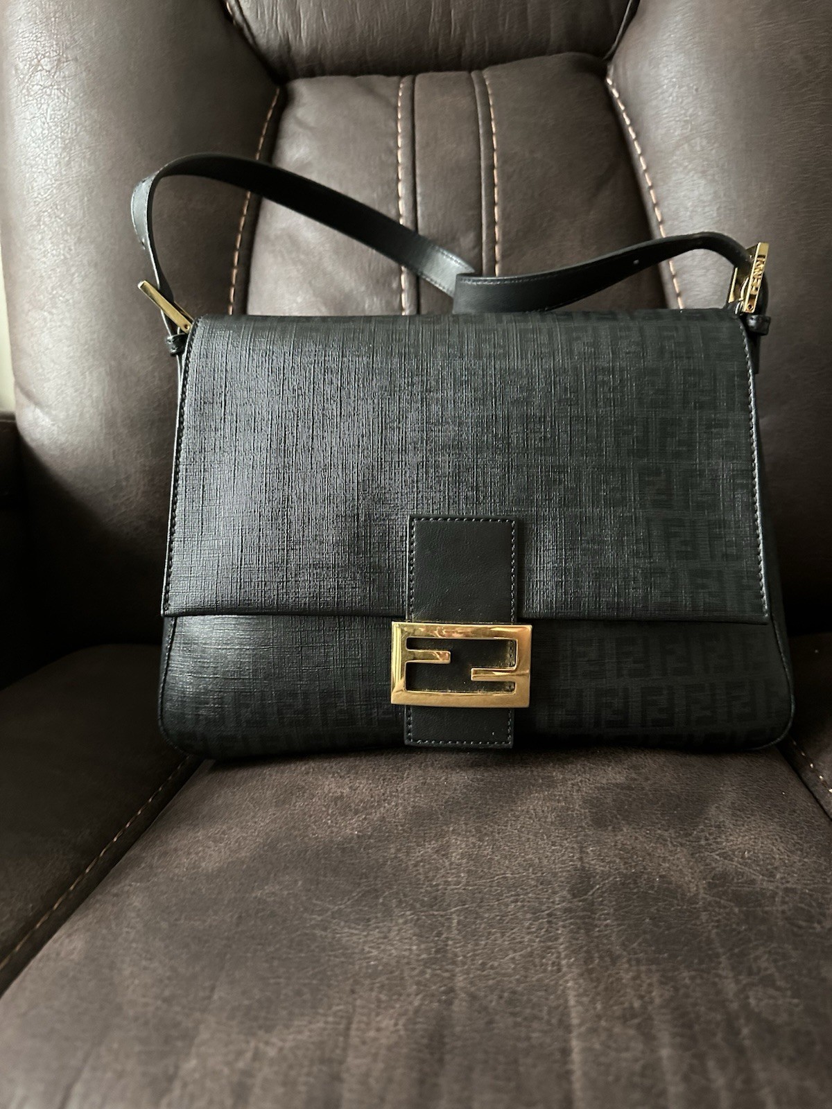 Fendi Black Zucca Logo Shoulder Bag with Gold Tone Hardware Magnetic Closure
