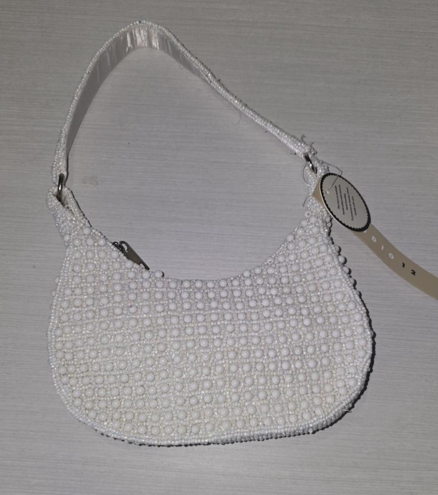 white beaded pearl shoulder bag baguette edding evening, handbag