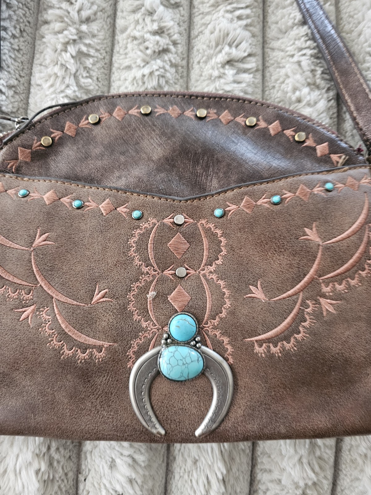 Catchfly Studio Western Distressed Brown Leather Crossbody Purse | Turquoise…