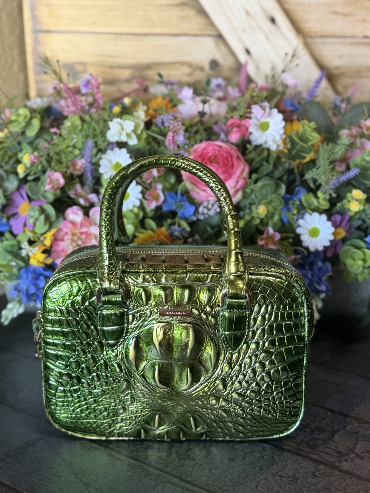 Brahmin Mara Cacti Green Satchel Pretty Eye Placement NWT Metallic Beauty