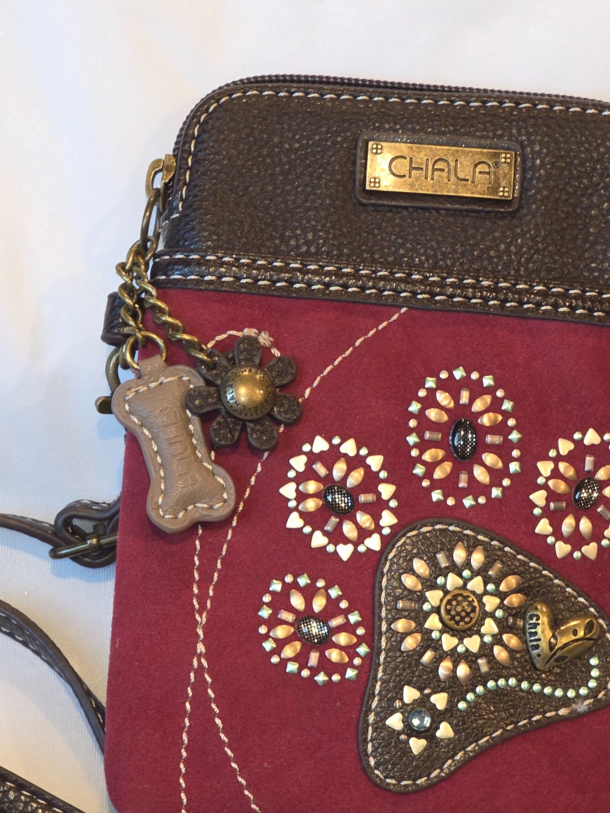 Chala Handbags Dog Paw Print Crossbody Dazelled Paw Pouch Flower Bone Beaded