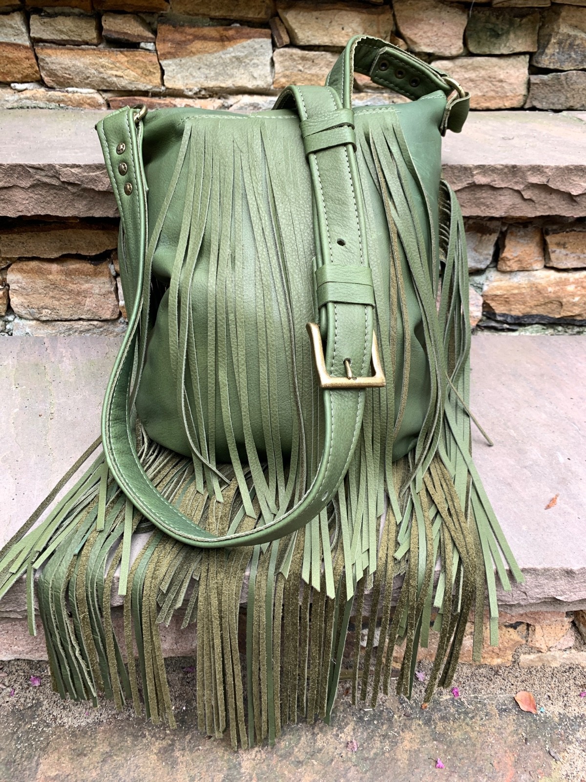 Green leather boho Southwest festival LONG fringe crossbody bag