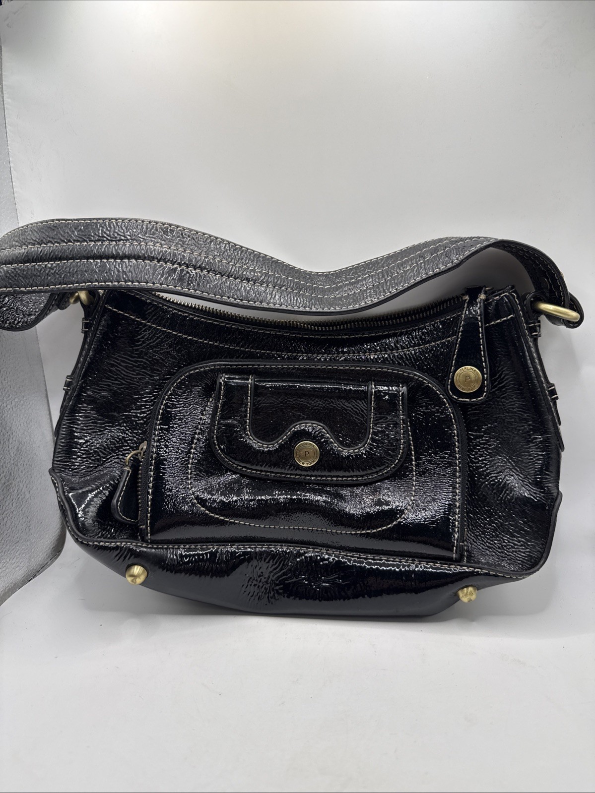 Perlina New York Black Patent Leather Shoulder Bag 12 “x 6.5″ x 3”