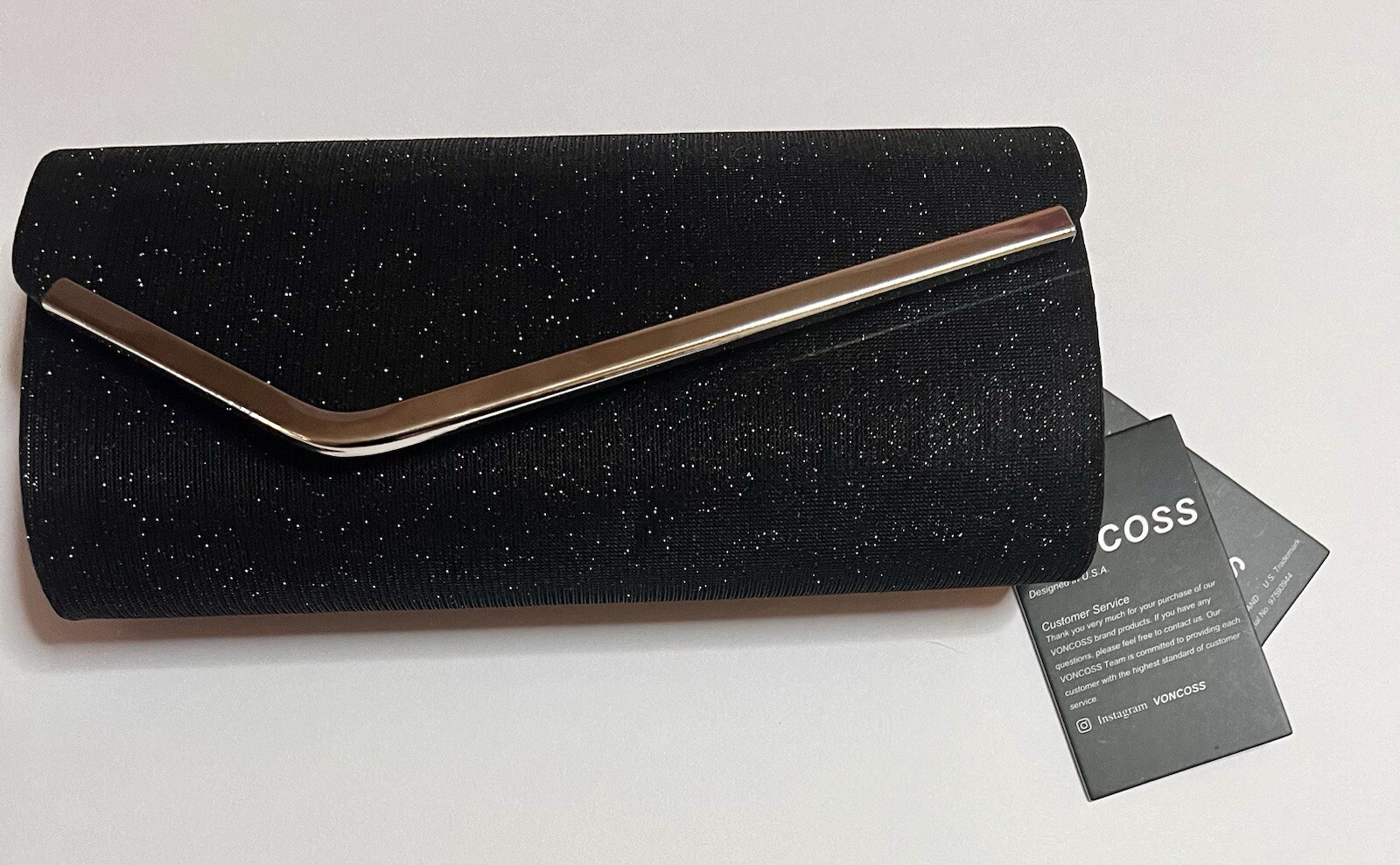 Voncoss Evening Bag Clutch Purse Shimmering Black Snap 23″ Detachable Chain