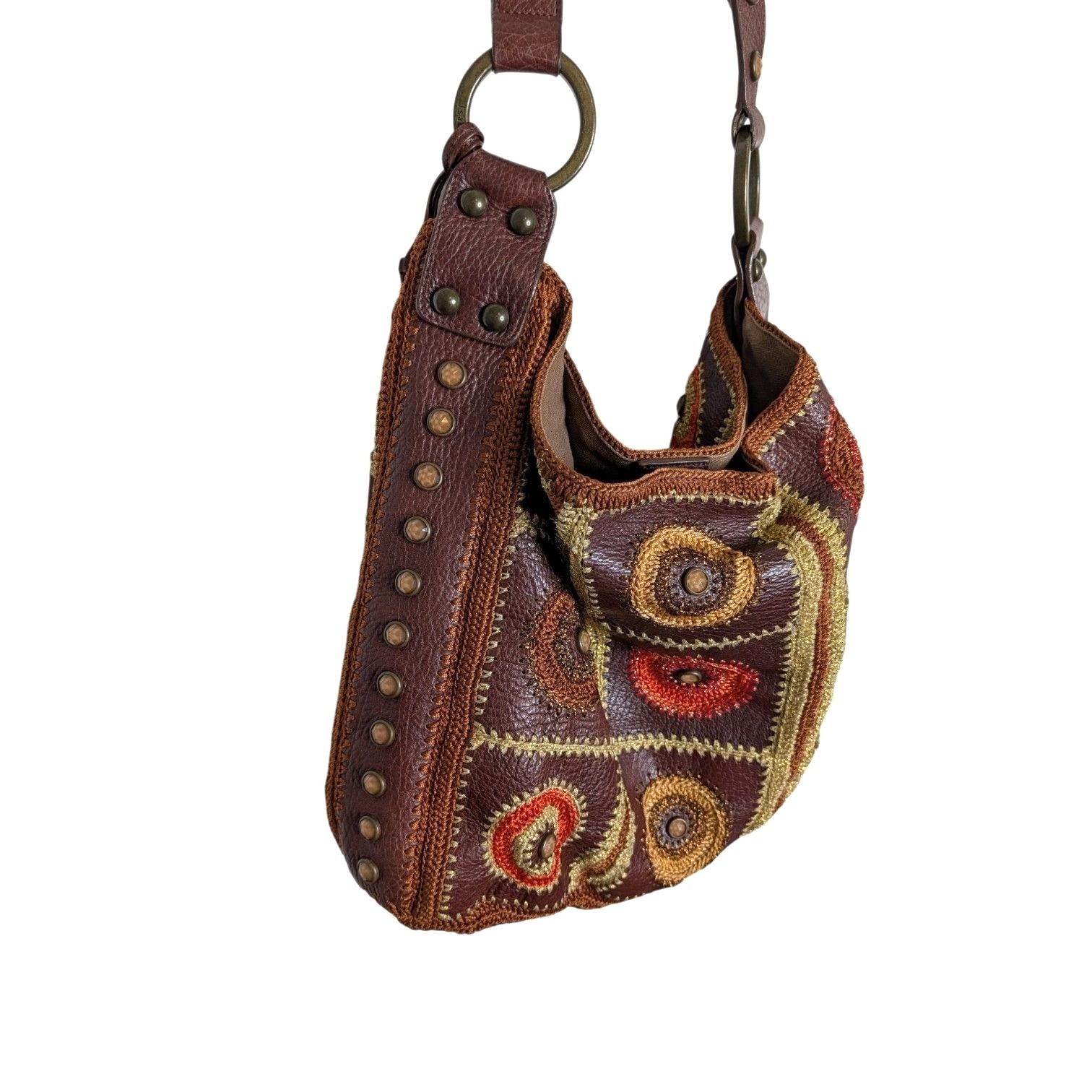 Isabella Fiore Brown Leather Studded Embroidered Shoulder Bag W Bohemian Design