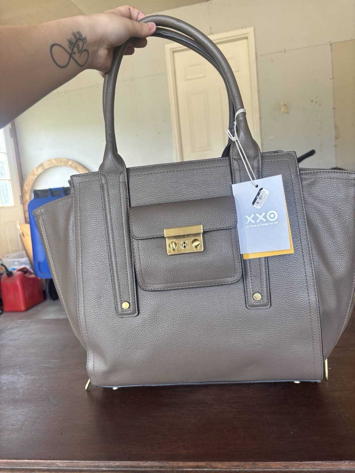 Gray Pebbled Tote Satchel Bag Zip Top Double Handles Gold Hardware Inner Pockets