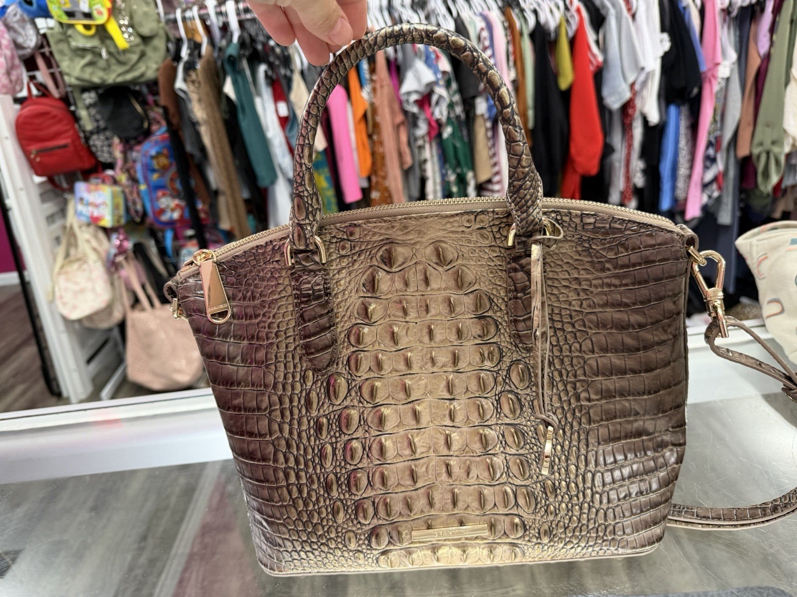Brahmin Brown Alligator Embossed Satchel Top Handle, Detachable Strap, Gold