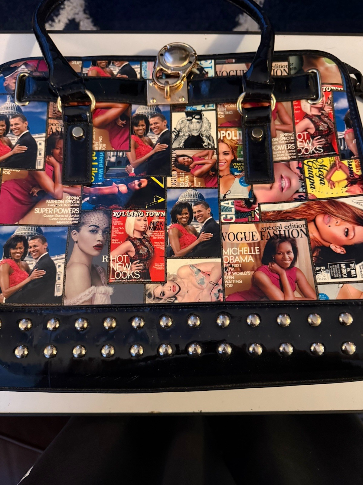 Cosmopolitan Magazine Cover Collage Obama Dome Glossy Satchel Bag w Handles Rare