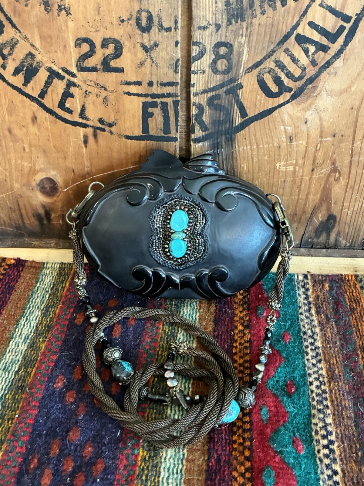 MAYA EVANGELISTA Beaded Black Resin Hard Case Shoulder Bag Clutch Turquoise Meta