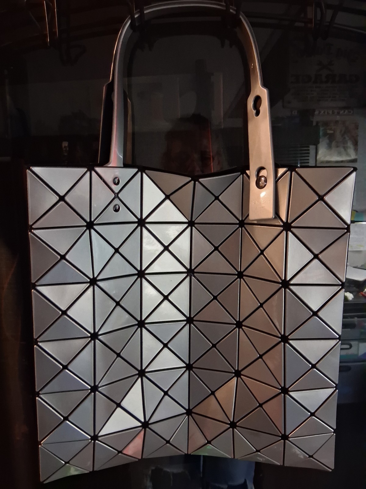 BAO BAO Issey Miyake Silver tote Bag With Black Lining and Zip Close Pocket