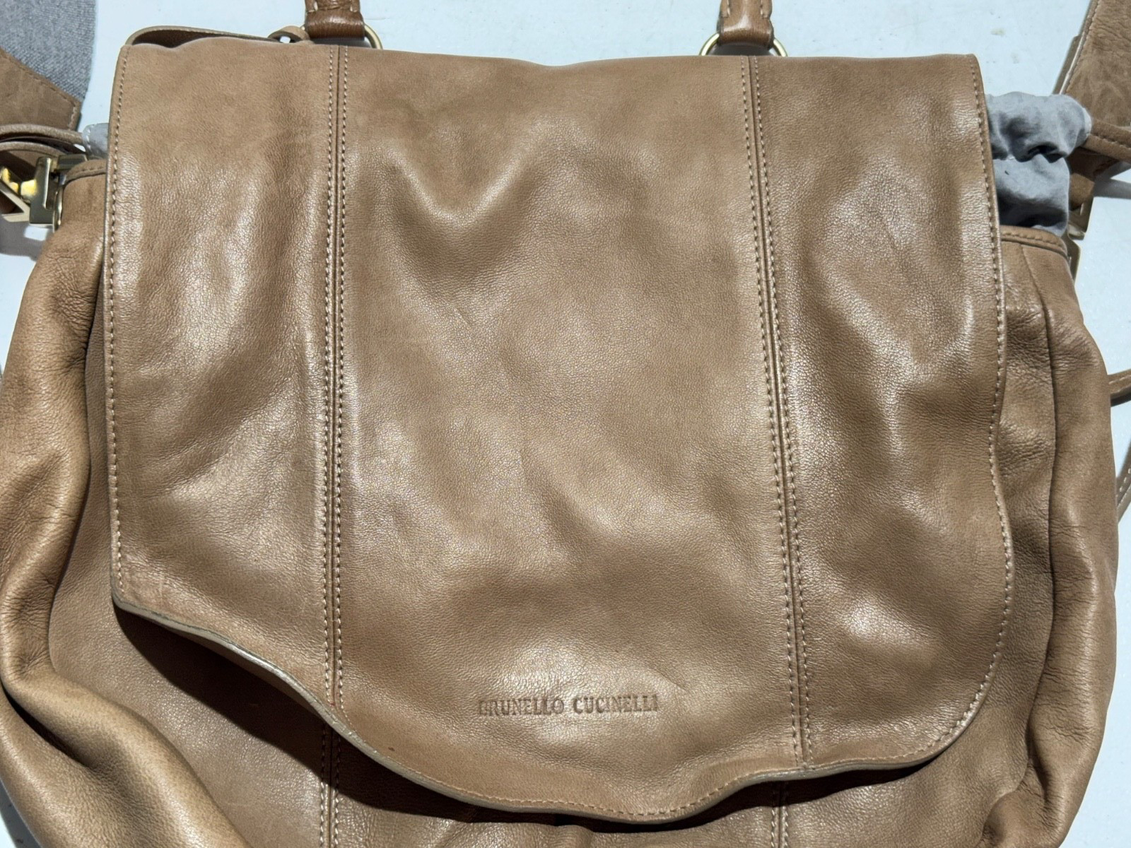 BRUNELLO CUCINELLI GENUINE LEATHER BROWN TAN CROSSBODY SHOULDER PURSE BAG TOTE