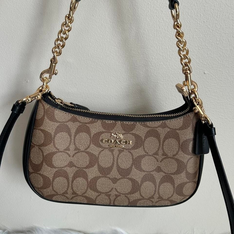 Coach Teri Hobo Khaki Signature Canvas Leather Shoulder Bag Excellent