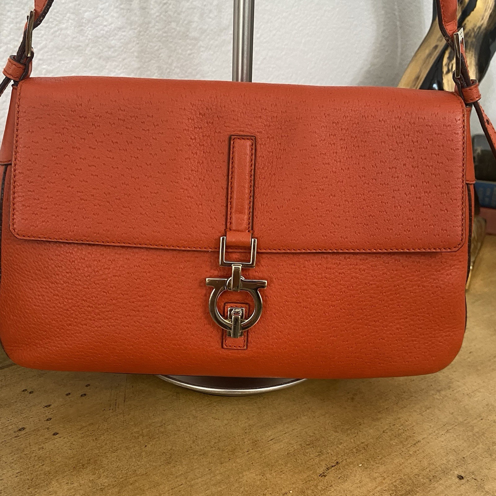 Salvatore Ferragamo Gancini Shoulder Leather Bag Deep Orange & Silver Hardware.