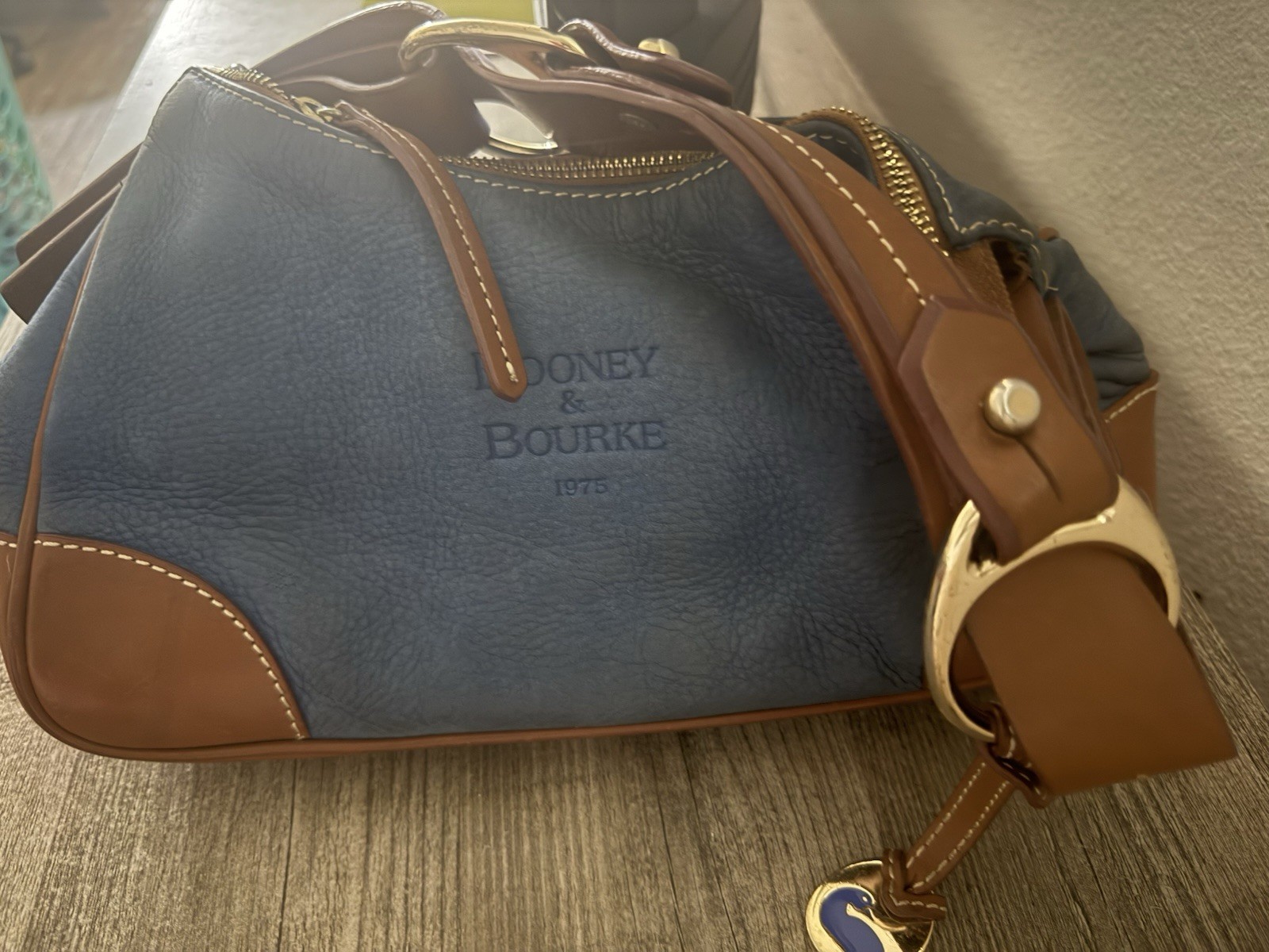 Dooney & Bourke Blue/Brown Pebbled Shoulder Bag Zip Closure Detachable Strap